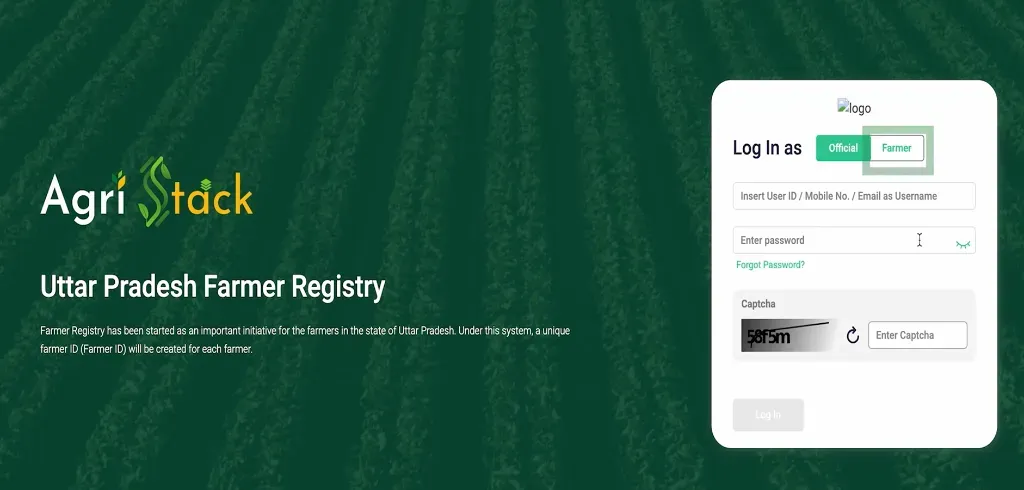 AgriStack Farmer Registry पोर्टल पर Farmer लॉग-इन विकल्प