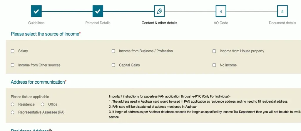 पैन कार्ड फॉर्म में Source of Income और Address for communication का विवरण